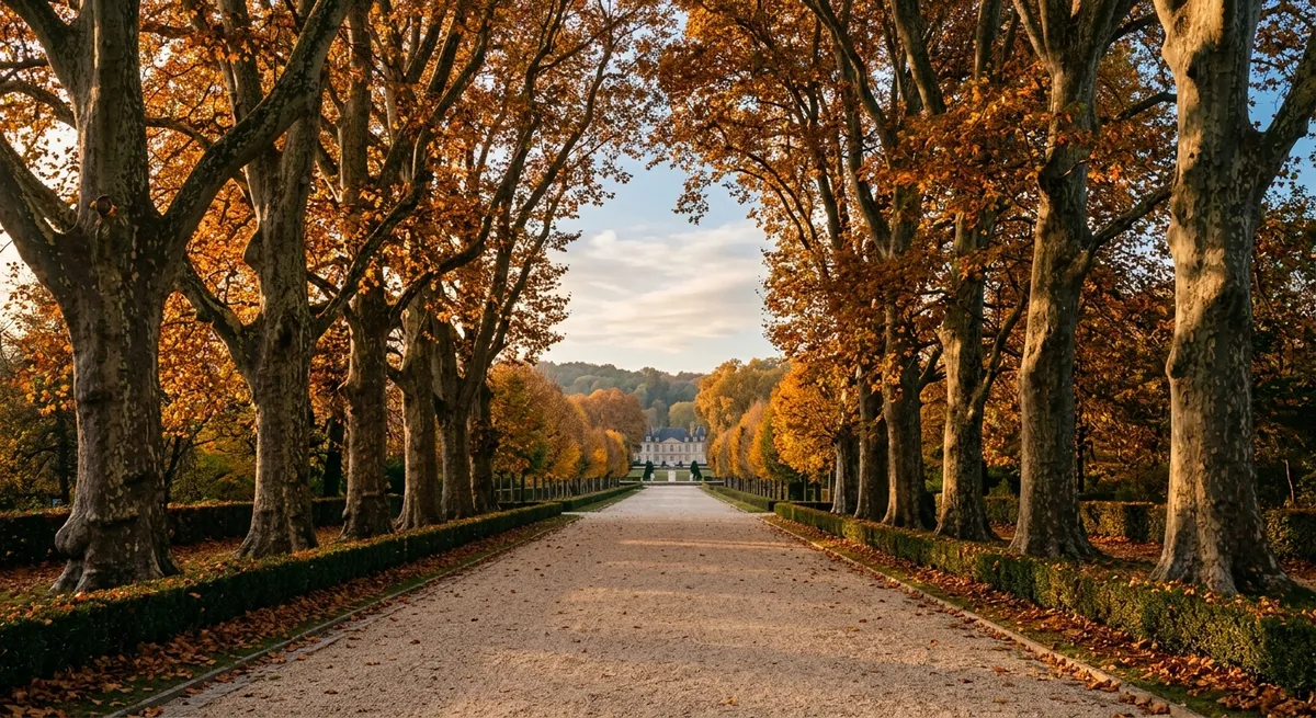 Allée arborée et apaisante d'un parc à la française sous une lumière douce