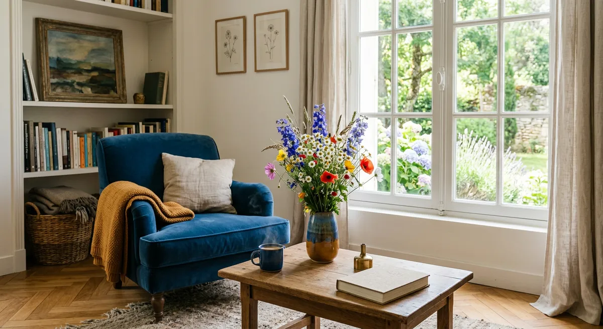 Salon lumineux avec fauteuil près d'une fenêtre donnant sur un jardin