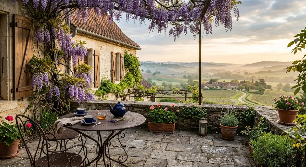 Terrasse en pierre d'une maison de campagne française sous la glycine, au petit matin