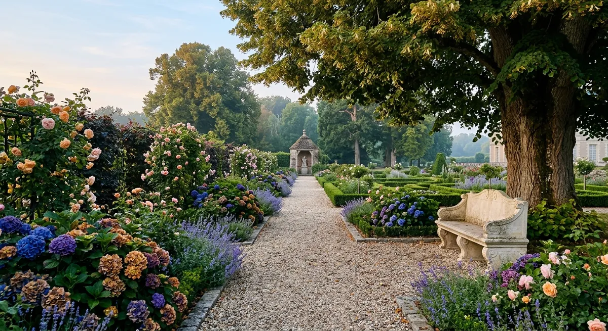 Jardin fleuri français avec banc en pierre sous un tilleul, au petit matin
