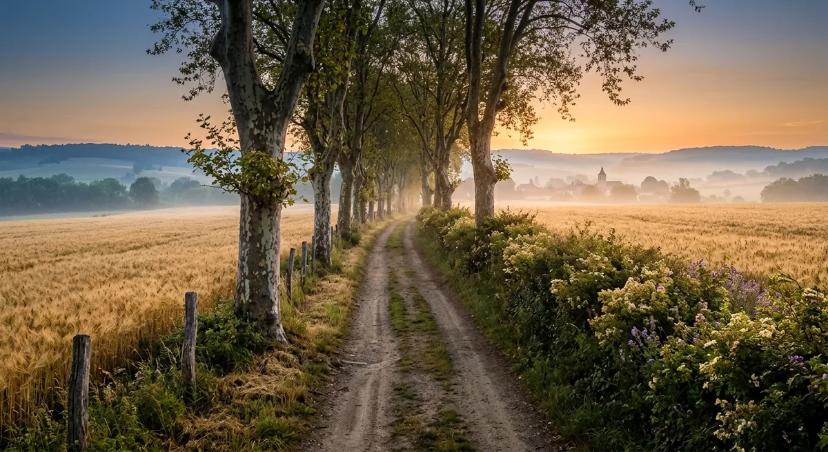 Allée de campagne française bordée de platanes au lever du jour