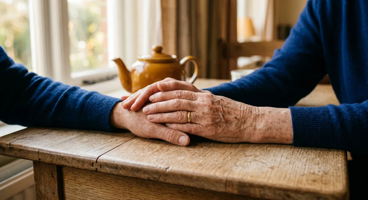 Mains de deux générations réunies près d'une fenêtre, lumière douce