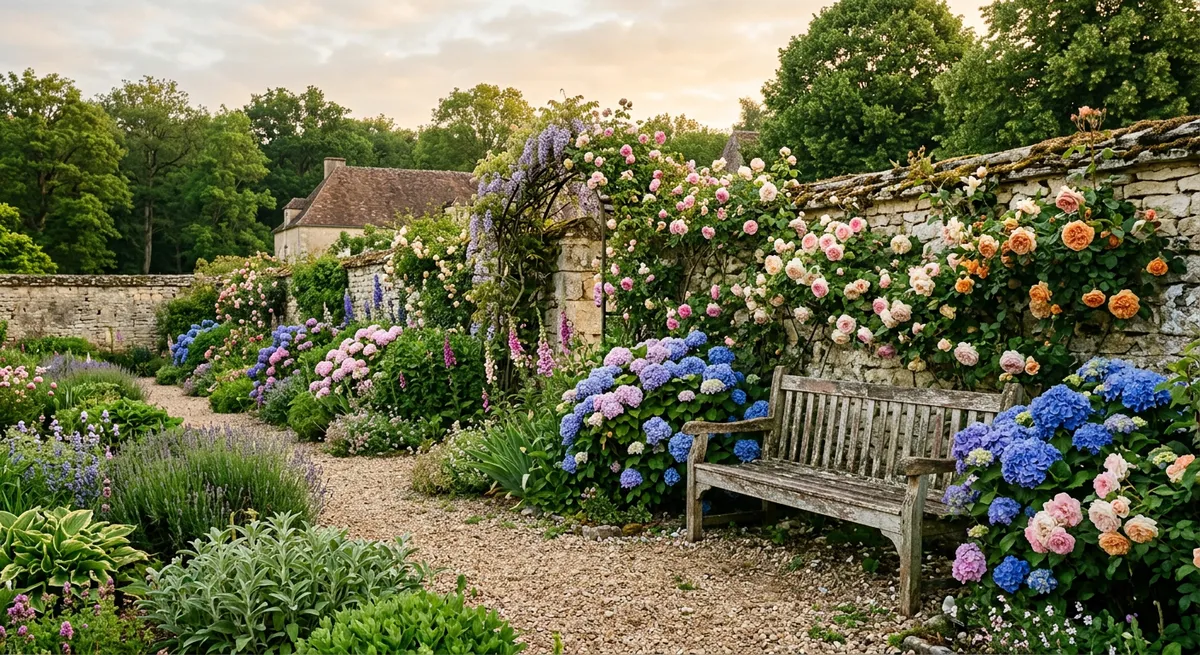 Jardin fleuri français avec banc en bois et muret en pierre, lumière douce du matin