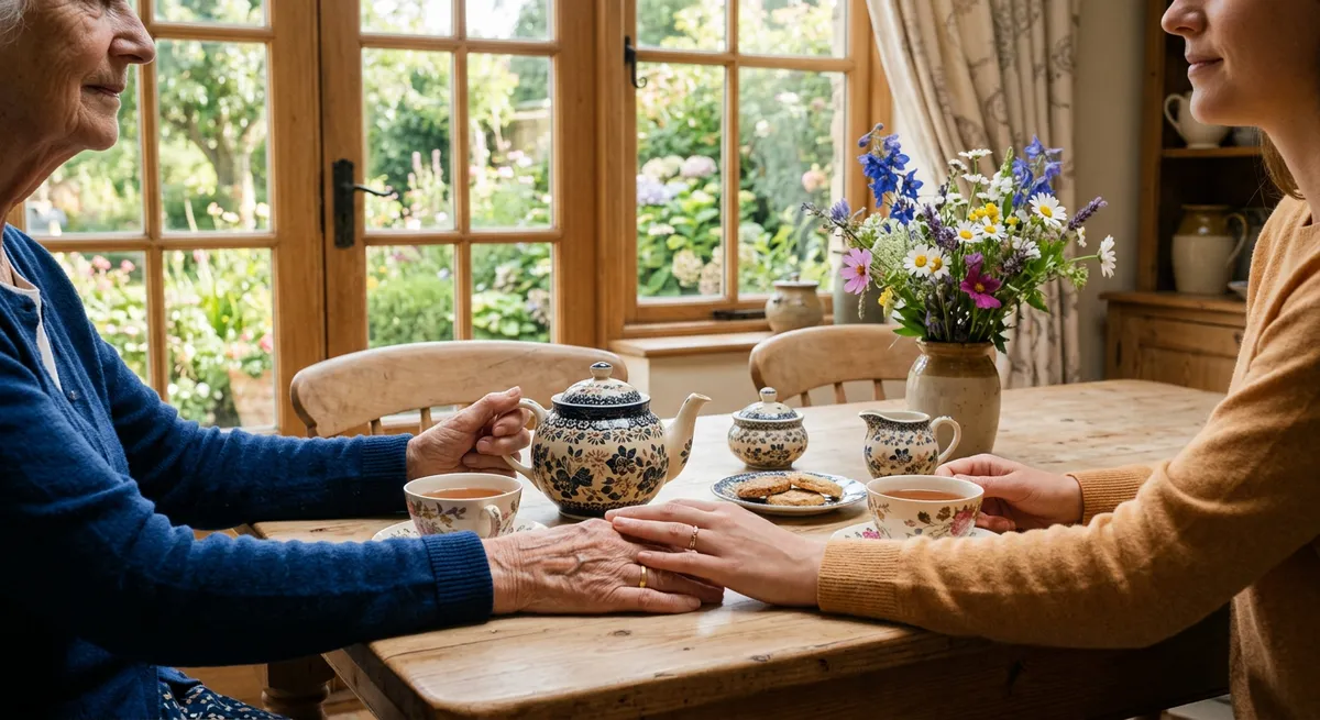Mains de deux générations réunies autour d'une table dans un intérieur lumineux