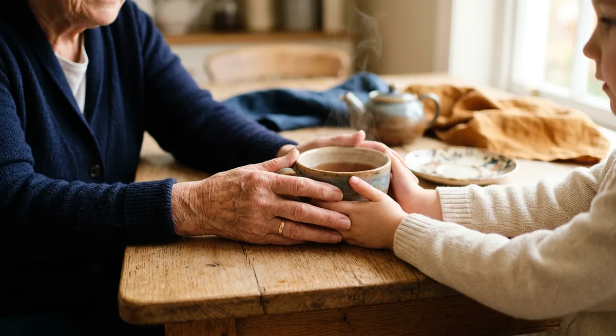Mains de deux générations réunies autour d'une tasse de thé, lumière douce