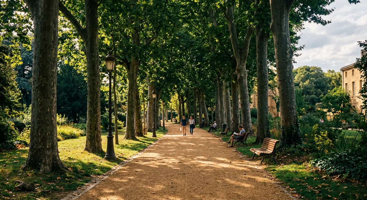 Allée arborée d'un parc français, lumière douce à travers les feuillages