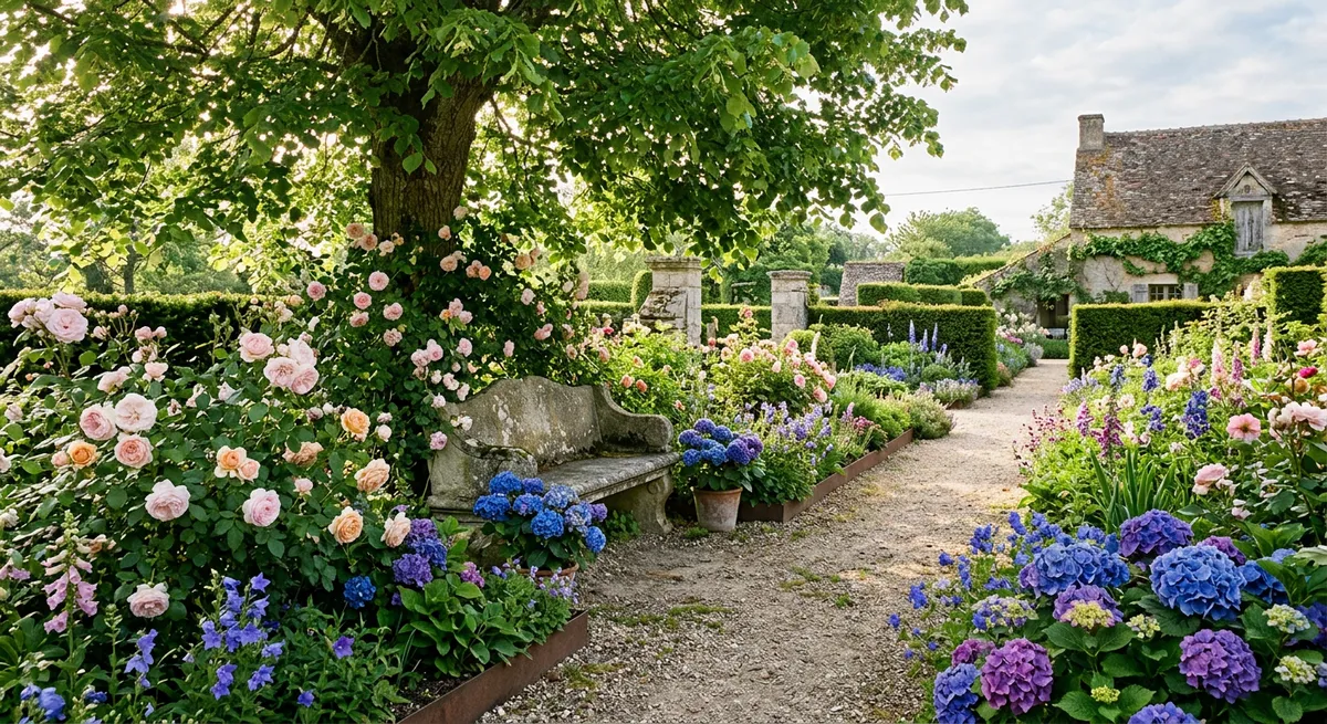 Jardin fleuri français avec banc en pierre sous un arbre, lumière douce