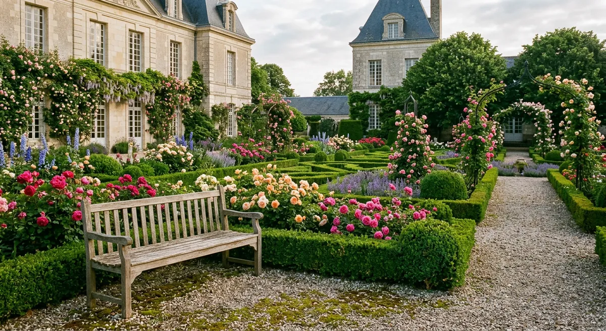 Jardin fleuri à la française avec banc en bois, lumière douce